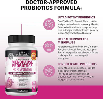 Menopause Supplements for Women - 40 Billion CFU Menopause Probiotics for Women - Support for Hot Flashes Night Sweats Mood Swings and Balance - Non-GMO, 30 Easy-Swallow Capsules, 30 Servings
