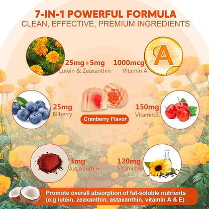 2 Pack Lutein and Zeaxanthin Supplements Gummies (25mg) Vitamins A, C, E, Bilberry, Astaxanthin - Coconut Oil for Better Absorption - for Adults & Teens Vision, Eye, Brain, Skin - Vegan, Sugar Free