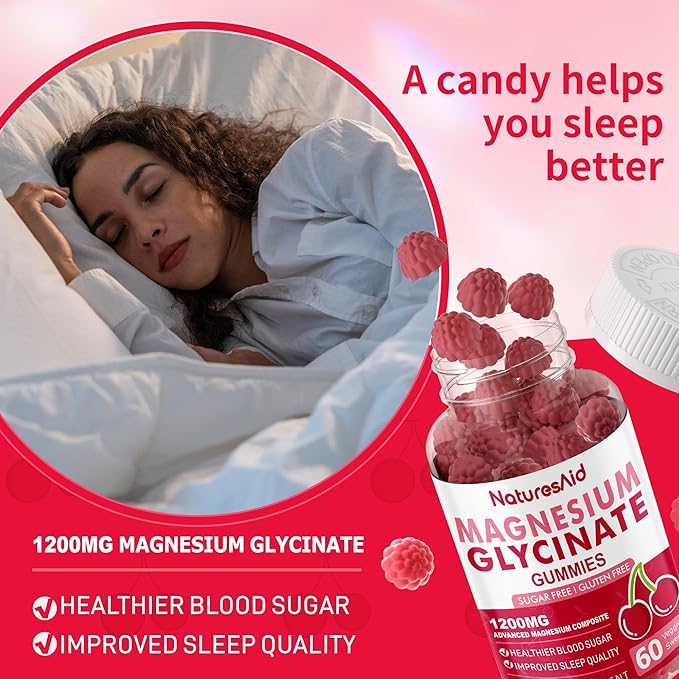 Natures Aid Magnesium Glycinate Gummies 1000mg - Sugar Free Magnesium Potassium Supplement with Vitamin D, B6, CoQ10 for Calm Mood & Sleep Support - 120 Cherry Gummies -2 Pack