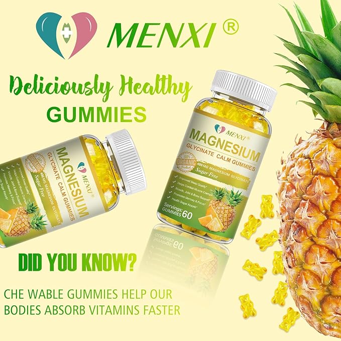 Magnesium Glycinate Gummies 400mg, Sugar Free Magnesium Taurate, Malate Supplement with Vitamin D, B6, CoQ10 for Relaxation, Stress Relief, Muscle, Bone & Sleep Support- 60 Pineapple Gummies