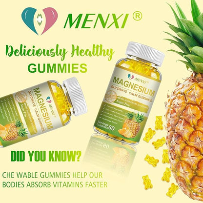 Magnesium Glycinate Gummies 400mg, Sugar Free Magnesium Taurate, Malate Supplement with Vitamin D, B6, CoQ10 for Relaxation, Stress Relief, Muscle, Bone & Sleep Support- 60 Pineapple Gummies