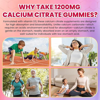 Calcium Citrate Gummies - 1200mg Calcium Gummies Supplements for Women & Men with Vitamin D3, K2, Magnesium, Zinc High Absorption for Bone, Muscle & Immune Support, Fruit Flavor, 60 Count