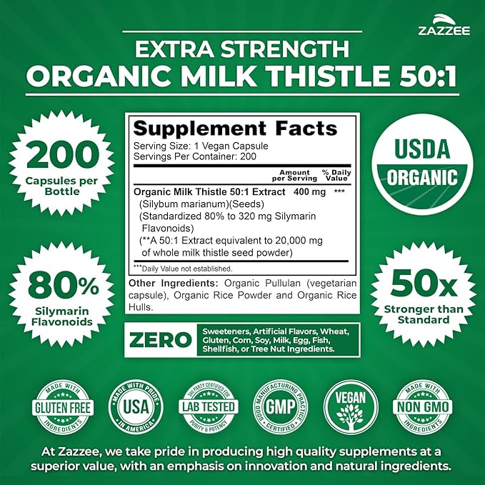 Zazzee USDA Organic Milk Thistle 50:1 Extract, 80% Silymarin Flavonoids, 200 Vegan Capsules, 6+ Month Supply, Silybum Marianum, Liver Support & Detox Support, Organic All-Natural, Non-GMO, Made in USA