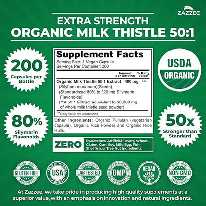 Zazzee USDA Organic Milk Thistle 50:1 Extract, 80% Silymarin Flavonoids, 200 Vegan Capsules, 6+ Month Supply, Silybum Marianum, Liver Support & Detox Support, Organic All-Natural, Non-GMO, Made in USA