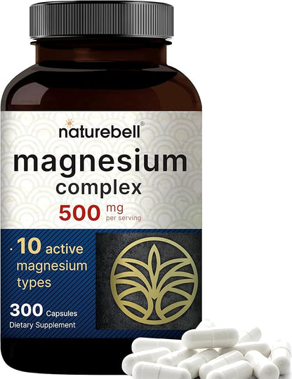 Magnesium Complex 500mg, 300 Capsules | 10-in-1 Magnesium Glycinate, Citrate, Malate & More | Chelated Form for Easy Absorption | Non-GMO