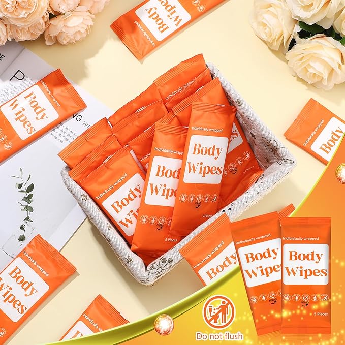 300 Pcs 60 Pack Body Wipes for Adults Bathing No Rinse Individually Wrapped Shower Wipes Washcloth with Aloe Cleansing Body Wash Cloths Disposable Bulk Deodorant Homeless(Orange Background)