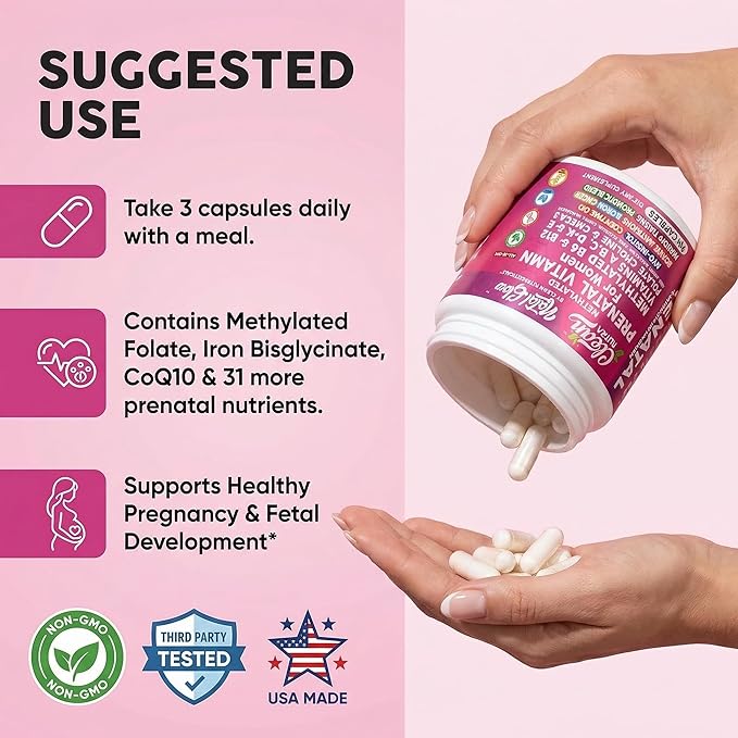 Natal Glow Methylated Prenatal Vitamins for Women Folate Omega 3 Vitamins A B12 C D3 E K2 Iron Riboflavin Biotin Choline Calcium Iodine Magnesium Zinc Selenium Copper Manganese by Clean Nutra