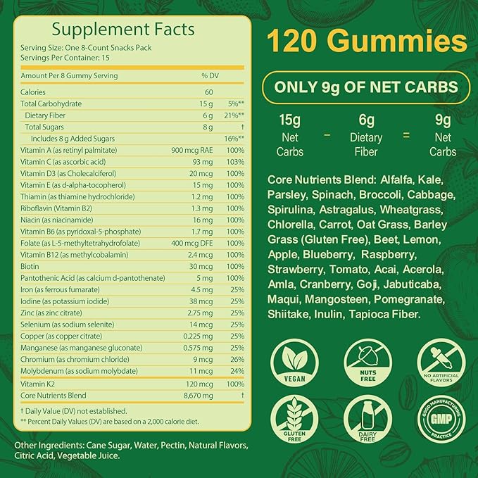 Greens Daily Gummies, Superfood Fruits and Veggies Blend with Spirulina, Chlorella, Prebiotics & Fiber, Adaptogens Multivitamin Supplement for Digestive Health, Non-GMO, 120 Count