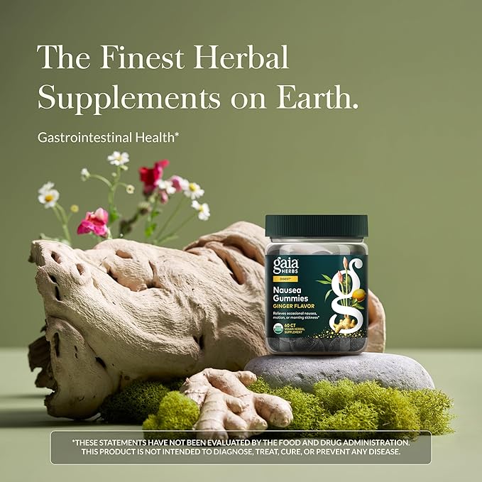 Gaia Herbs Nausea Gummies - Relieves Occasional Nausea* - with Ginger & Lemon - Ginger Flavor - 60 Vegan Gummies (30 Servings)