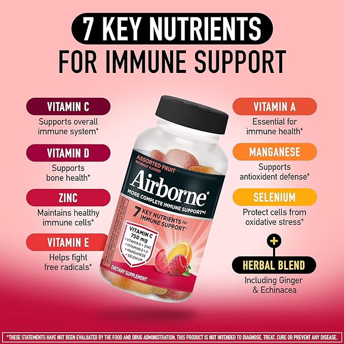 Vitamin C 750mg (per Serving) - Airborne Assorted Fruit Flavored Gummies (63 Count in a Bottle), Gluten-Free Immune Support Supplement with Vitamins A C E, Selenium, Echinacea & Ginger