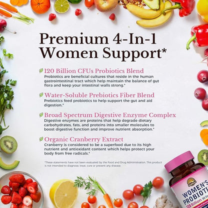 Vitalitown Probiotics for Women 120 Billion CFUs, 30 Strains, with Prebiotics & Digestive Enzymes & Cranberry, Gut & Vaginal Health, Vegan 60 (Pack of 1) Delayed Release Caps