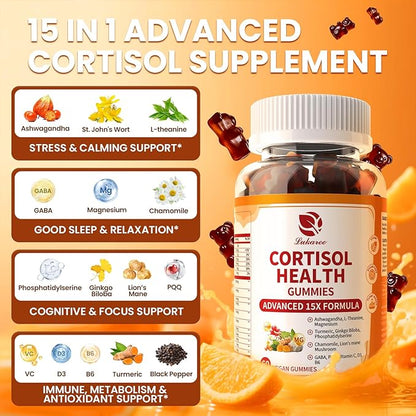 Lukaree Cortisol Supplements for Women & Men, 15 in 1 Cortisol Reducer Manager, Cortisol Calm Gummies with Ashwagandha, Magnesium, L-theanine, GABA - for Mood, Focus, Sleep - Vegan Sugar Free, 60 Ct.
