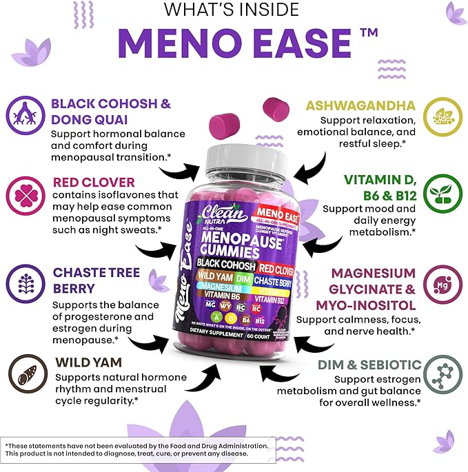 Menopause Supplement For Women Gummies with Black Cohosh, Wild Yam Magnesium, Red Clover For Menopause Relief Hormone Balance Night Sweats Mood Plus Bergamot, Vitamin D3, Vitamin B12, Vitamin B6 Clean