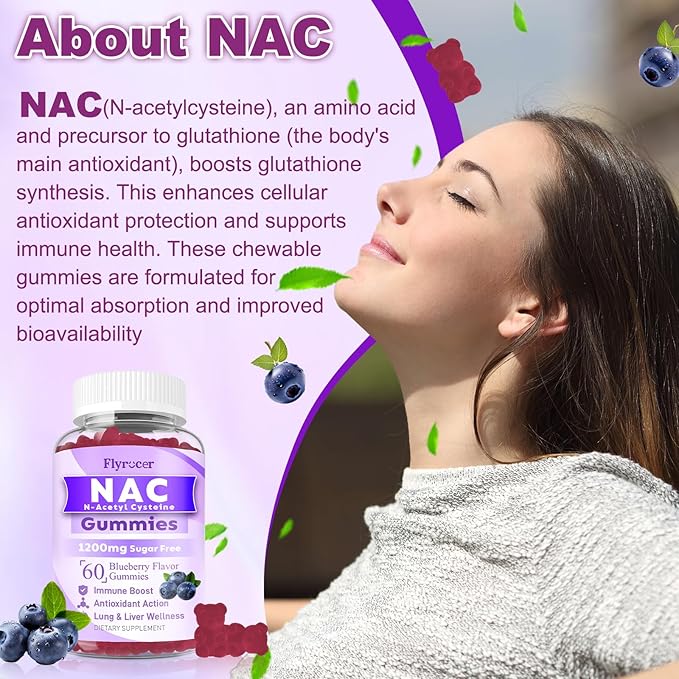 2 Pack NAC Gummies, N Acetyl Cysteine Supplement for Adults and Kids, NAC Chewable Support Liver Health, Antioxidants & Immune System, Sugar-Free, Blueberry Flavor, 120 Count