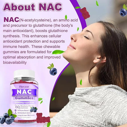 2 Pack NAC Gummies, N Acetyl Cysteine Supplement for Adults and Kids, NAC Chewable Support Liver Health, Antioxidants & Immune System, Sugar-Free, Blueberry Flavor, 120 Count