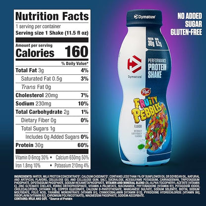 Dymatize Performance Protein Shake, Fruity Pebbles, 30g Protein, 6.2g BCAA for Muscle Recovery, No Added Sugar, Low Fat, 24 Vitamins and Minerals, Gluten-Free, Ready to Drink, 11.5fl oz (Pack of 24)