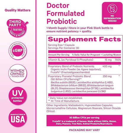 Pink Stork Prenatal Probiotic for Women with 50 Billion CFU | Vitamin B6 & Prebiotics | Pregnancy Probiotics for Morning Sickness | Digestive, Immune, & Gut Health | Vegan & Gluten-Free | 30 Capsules