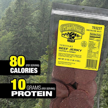Old Trapper Double Eagle Beef Jerky, Teriyaki Flavor, 21 Ounce Package, Natural Wood Smoked Meat Snacks, 10 Grams of Protein and 80 Calories per Serving (Pack of One)