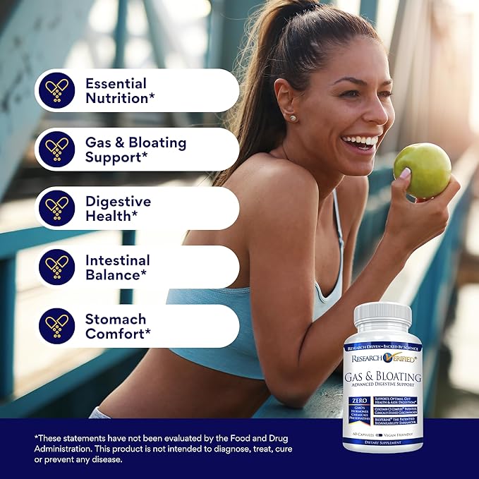 Research Verified Gas and Bloating - Relax Intestinal Muscles, Eliminate Gas Buildup - Artichoke Powder, Ginger, Peppermint Leaf Powder - 180 Capsules - Vegan