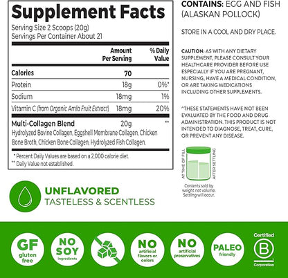 Orgain Hydrolyzed Multi Collagen Powder for Women & Men, 20g Collagen, Supports Hair, Skin, Nail & Joint Health, Type I, II, III, V, X, Vitamin C & Amino Acids, Non-GMO, Unflavored (21 Servings) 15oz