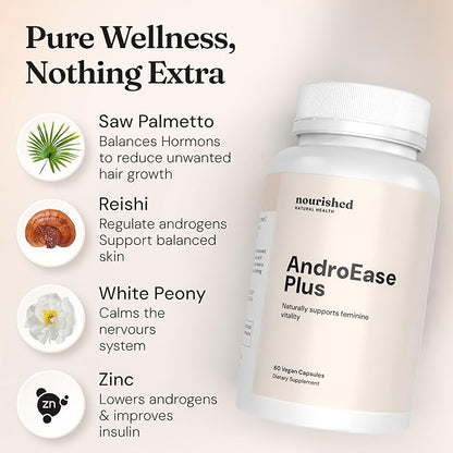 Nourished AndroEase Plus for Women’s Health - Zinc, Reishi, Green Tea and Saw Palmetto for Women - for Energy, Vitality, Facial Hair and Daily Wellness - 360 Capsules, Made in USA