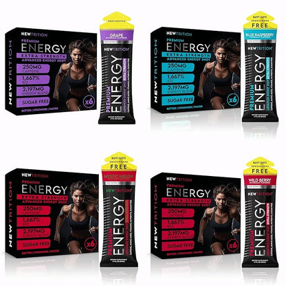 NewTrition® Extra Strength Energy Shots 1.7 fl oz - 250mg Caffeine with B Vitamins & Amino Acids, Sugar-Free Zero Calorie Vitamin Energy Drink for Focus & Endurance (Pack of 24, 8 Flavors - Mixed 1&2)