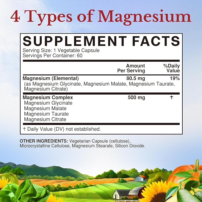 Vitalitown Magnesium Complex Supplement 500mg - NSF Certified Magnesium Glycinate, Malate, Taurate & Citrate - Chelated High Absorption & Gentle on Stomach - Vegan Non-GMO 60 Capsules