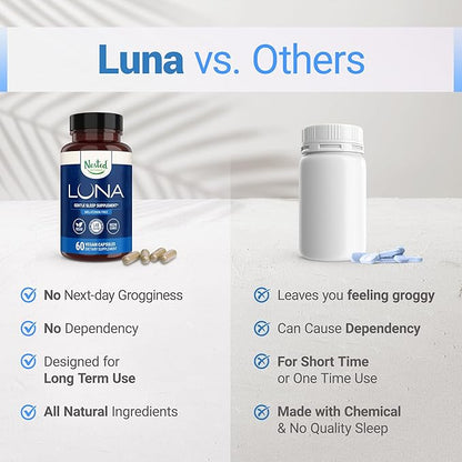 Nested Naturals Luna Sleep Supplement, Melatonin Free, Non-Habit Forming Herbal Sleep Supplement, Adult Bedtime Support, Help Sleeping w/Chamomile, Valerian, L-Theanine, 60 Vegan Capsules