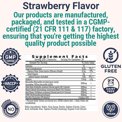 Boswellia Serrata Black Cohosh Gotu Kola Red Clover Extract Complex Gummies w. Probiotic Fiber (Chicory Root Inulin) MSM Methylsulfonylmethane, Supplement Alt for Organic Powder Capsules Tincture