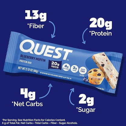 Quest Nutrition Blueberry Muffin Protein Bars, 20g Protein, 2g Sugar, 5g Net Carb, High Fiber, Gluten Free, Keto Friendly, 12 Count