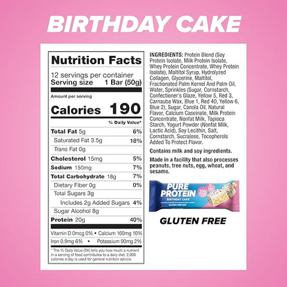 Pure Protein Birthday Cake Protein Bars – 20g Protein, 3g Sugar, 190 Calories (12 count) Low Sugar* High Protein Snack - Gluten Free - Perfect for a Healthy Snack