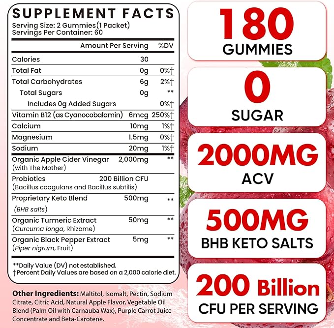Apple Cider Vinegar Gummies, Advanced ACV Gummy with Probiotics, BHB, B12 and Keto Support - Keto Acv Gummies for Detox, Metabolism, Digestion, Gut & Immune Health - Sugar Free, Vegan, 180 Counts
