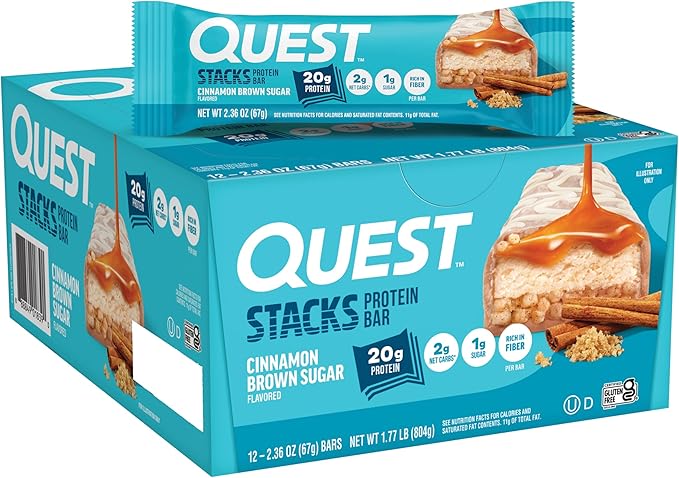 Quest Nutrition Stacks Protein Bars, Cinnamon Brown Sugar, 20g Protein, 2g Net Carbs, 1g Sugar, High Fiber, Low Sugar, Gluten Free, 12 Count