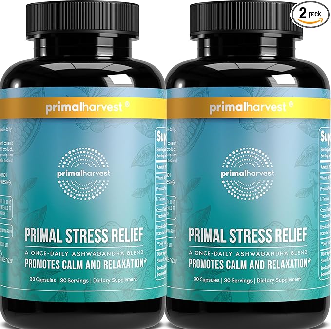 Primal Harvest Stress Relief Supplement for Women and Men Pure Ashwagandha Root Extract, L-Theanine Supplements, 60 Capsules