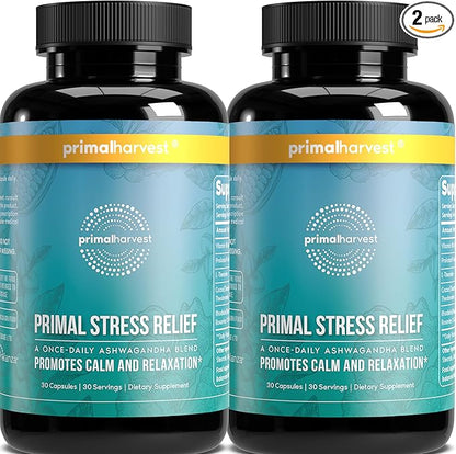 Primal Harvest Stress Relief Supplement for Women and Men Pure Ashwagandha Root Extract, L-Theanine Supplements, 60 Capsules