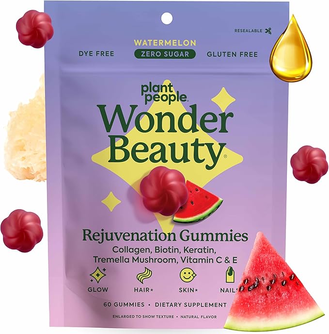 Plant People WonderBeauty Hair, Skin & Nails Rejuvenation Gummies with Tremella Mushroom, Collagen Peptides, Keratin, & Biotin – Watermelon Flavor, 60 Gummies
