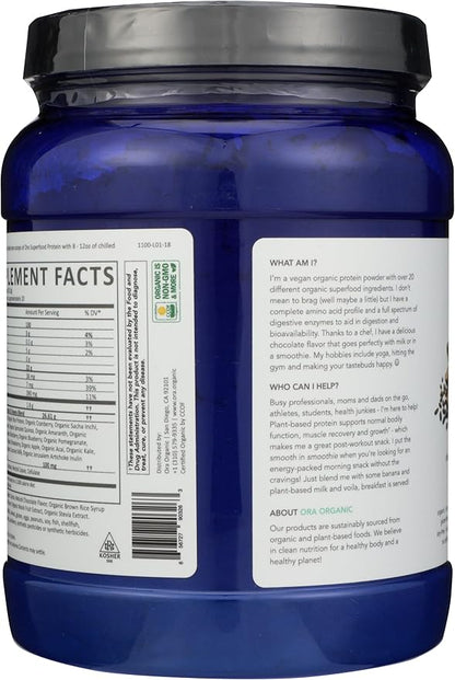 Ora Organic Vegan Protein Powder - 23g Plant Protein for Women and Men - Chocolate Flavor 20 Servings, Bloat-Free, Gluten Free, Non-GMO, No Artificial Sweeteners