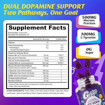 Joy Dopa Focus & Energy Gummies – Natural Dopamine Support with Mucuna Pruriens, L-Tyrosine, L-Theanine & GABA | Steady Focus, Daily Drive & Balanced Energy | Vegan, Non-GMO, Blueberry Flavor
