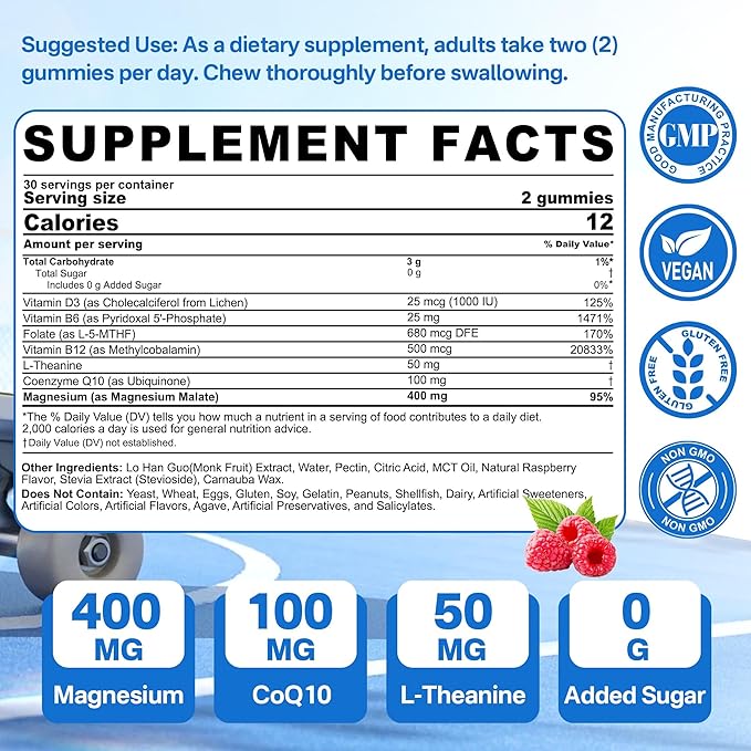 Nextdia Magnesium Malate Energy Gummies Plus L-Theanine, CoQ10, Methyl B12, Methylfolate, B6 & D3-400mg Magnesium Gummy Sugar Free for Women Men, Supports Muscle Function, Calm & Relax, Vegan, 60 Cts