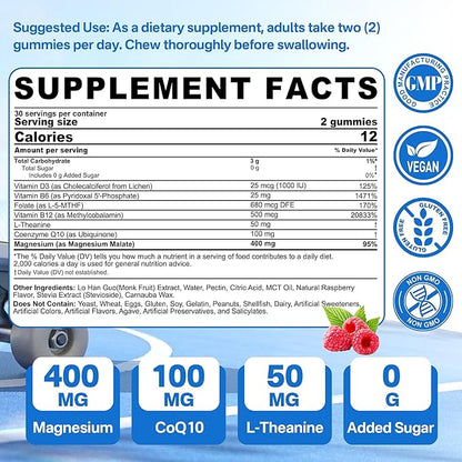 Nextdia Magnesium Malate Energy Gummies Plus L-Theanine, CoQ10, Methyl B12, Methylfolate, B6 & D3-400mg Magnesium Gummy Sugar Free for Women Men, Supports Muscle Function, Calm & Relax, Vegan, 60 Cts