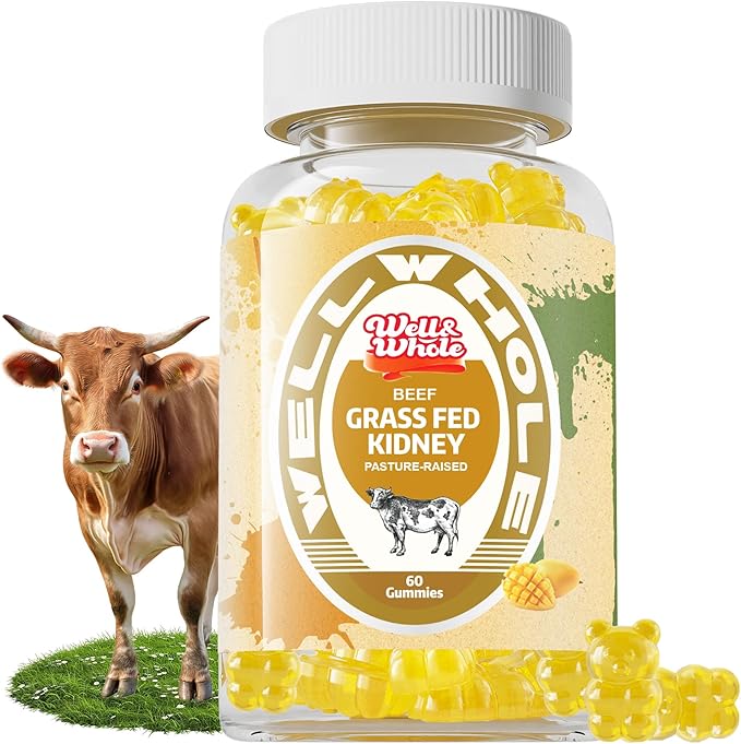 Well&Whole Grass Fed Beef Kidney Gummies, DAO Enzyme & Histamine Balance Support Supplement, DAO-Rich Food 5:1 Bovine Kidney Extract for Detox, Sugar-Free, 60 Gummies