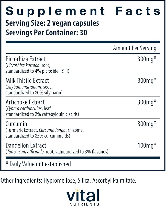 Vital Nutrients Liver Support II with Picrorhiza, Milk Thistle and Curcumin - Vegan Supplement - Herbal Combination to Support Healthy Liver Function* - Gluten, Dairy and Soy Free - 60 Capsules
