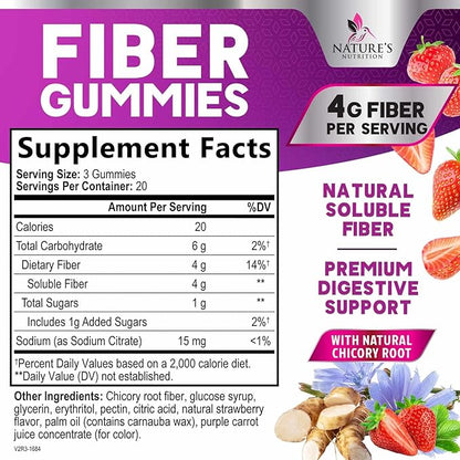 Fiber Gummies for Adults - Soluble Fiber 4g Per Serving - Plant-Based Prebiotic Fiber Supplement for Digestive Health, Gut Health, & Regularity Support - Vegan Gummy - Tasty Berry Flavor - 60 Gummies