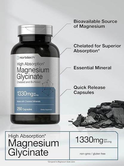 Horbaach Magnesium Glycinate 1330mg | 250 Capsules | Buffered with Chelated Minerals | 240 mg per Serving | Non-GMO, Gluten Free Supplement