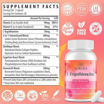 L-Ergothioneine with Collagen Peptides, Hyaluronic Acid | 2X Antioxidant of Glutathione | 11-in-1 Collagen Supplement for Women | Skin, Brain, Immune, Cognitive Support | 60 Capsules
