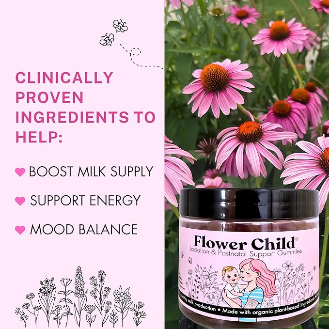 Flower Child Breastfeeding Gummies for Milk Production with Organic Moringa, Milk Thistle, Choline & DHA, Lactation Supplement Postnatal Recovery Vitamins, Fenugreek Free, Vegan, 60 Count