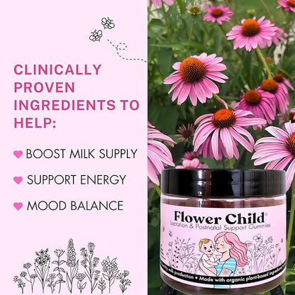 Flower Child Breastfeeding Gummies for Milk Production with Organic Moringa, Milk Thistle, Choline & DHA, Lactation Supplement Postnatal Recovery Vitamins, Fenugreek Free, Vegan, 60 Count