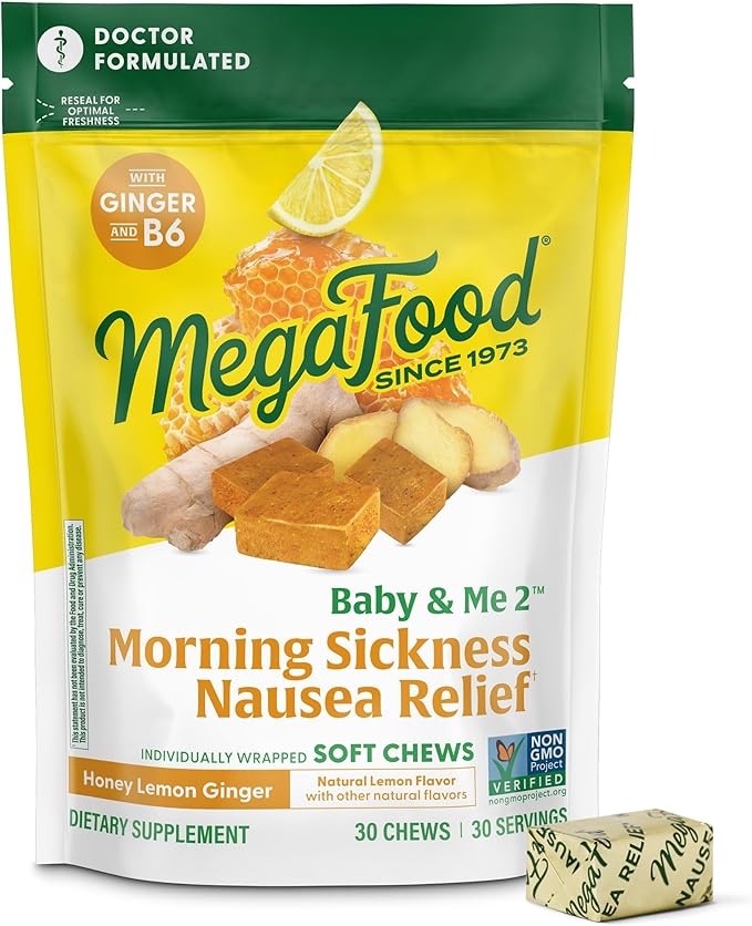 MegaFood Baby & Me Prenatal Morning Sickness Relief, Ginger Chews, with Vitamin B6, Made Without 9 Food Allergens, Honey Lemon Ginger Flavor, 30 Chews
