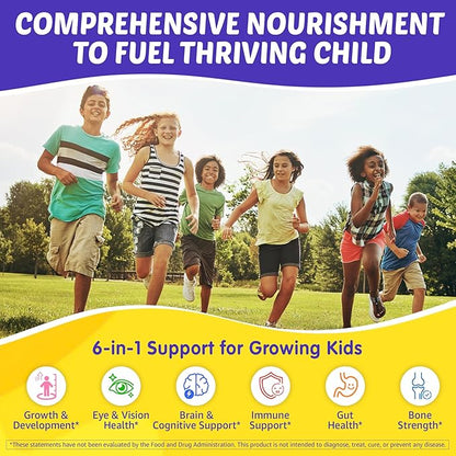 Kids Multivitamin Gummies with Iron, 450mg Algae Omega-3, Methylated B12, Folate, Fiber 2g, Probiotics, Magnesium, A, C, D, K, Zinc, Children Vitamins for Growth, Brain, Eye, Gut, Immune, Sugar Free