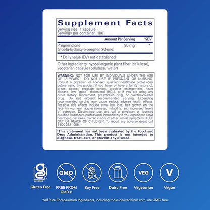 Pure Encapsulations Pregnenolone - 30 mg - Hormone Support - Memory Support & Brain Supplement - Gluten Free & Vegan - 180 Capsules